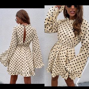 Polka Dot Print Flounce Sleeve Frill Trim Dress